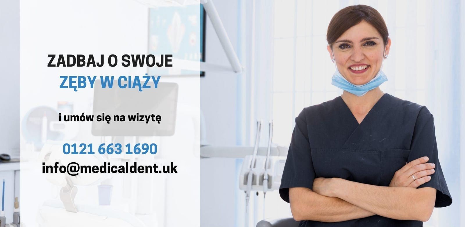 Lekarka obok polskiej informacji o opiece stomatologicznej w ciąży