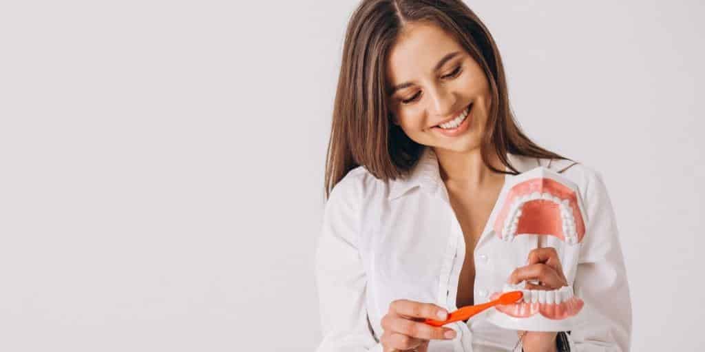 Kobieta pokazuje szczotkowanie na modelu uzębienia