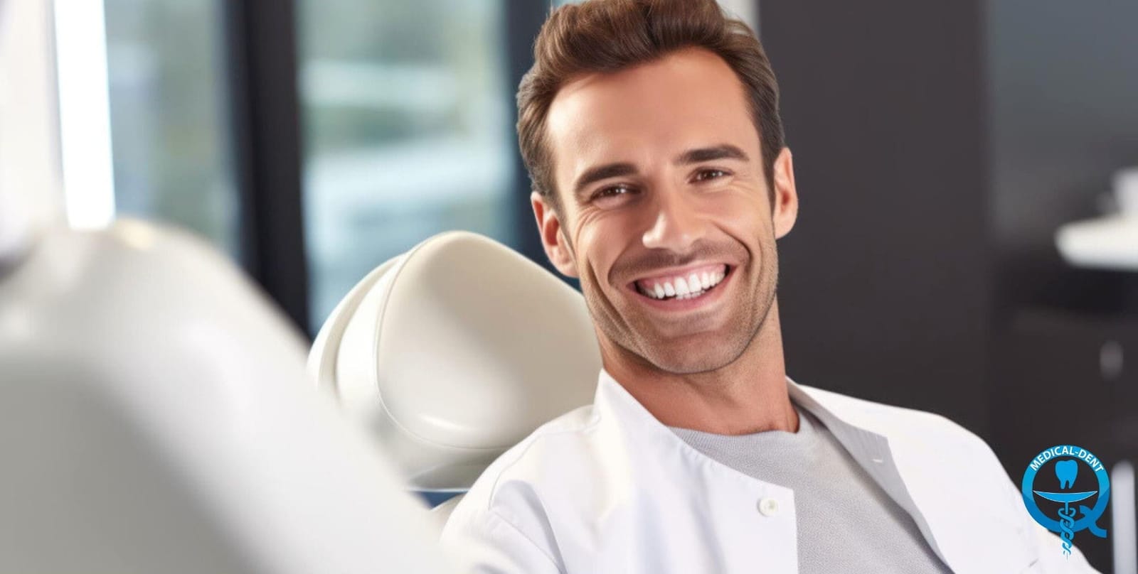 Uśmiechnięty mężczyzna na fotelu dentystycznym